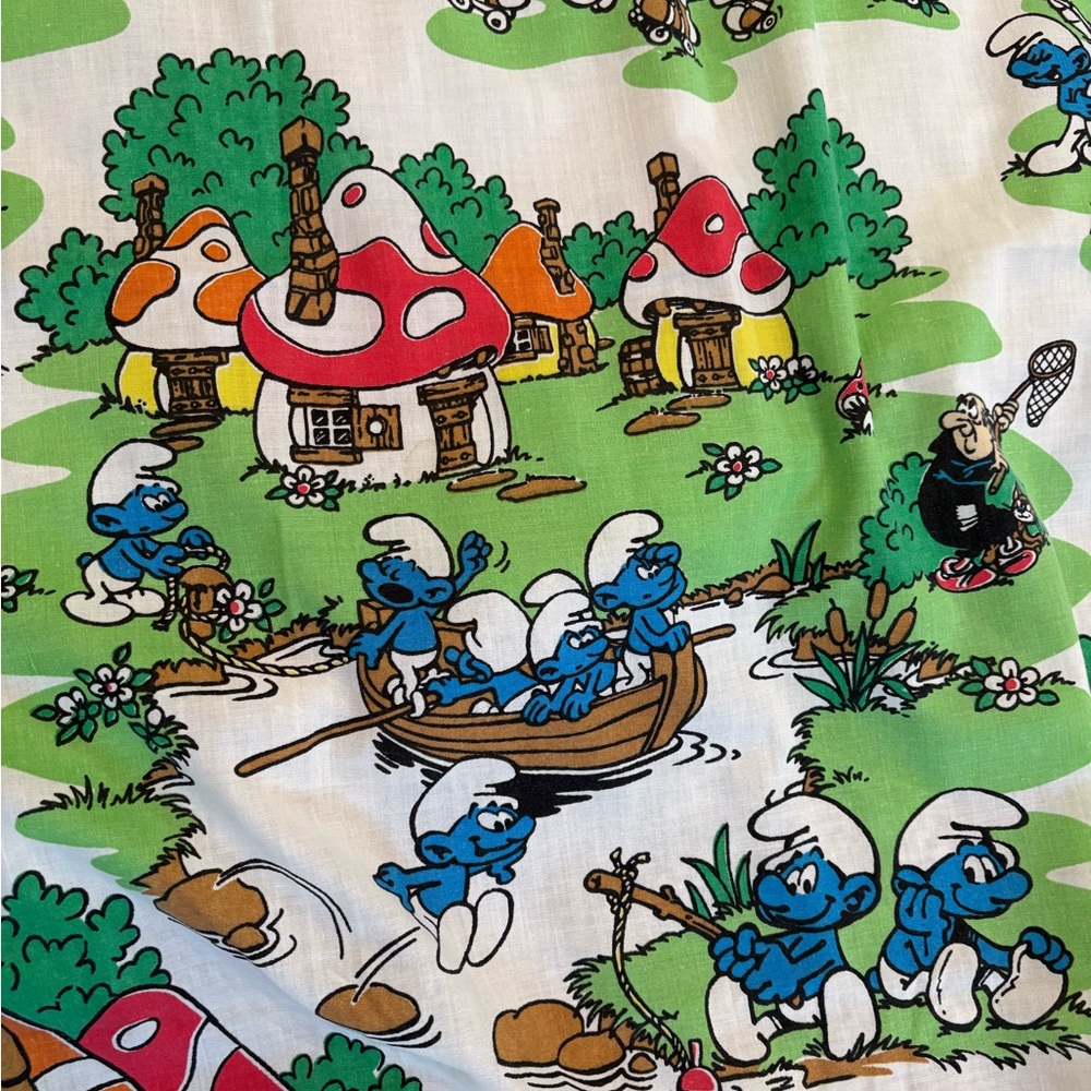 VIntage Lawtex Smurfs Twin Bed Sheet Only USA Made Cotton Blend Mushrooms
